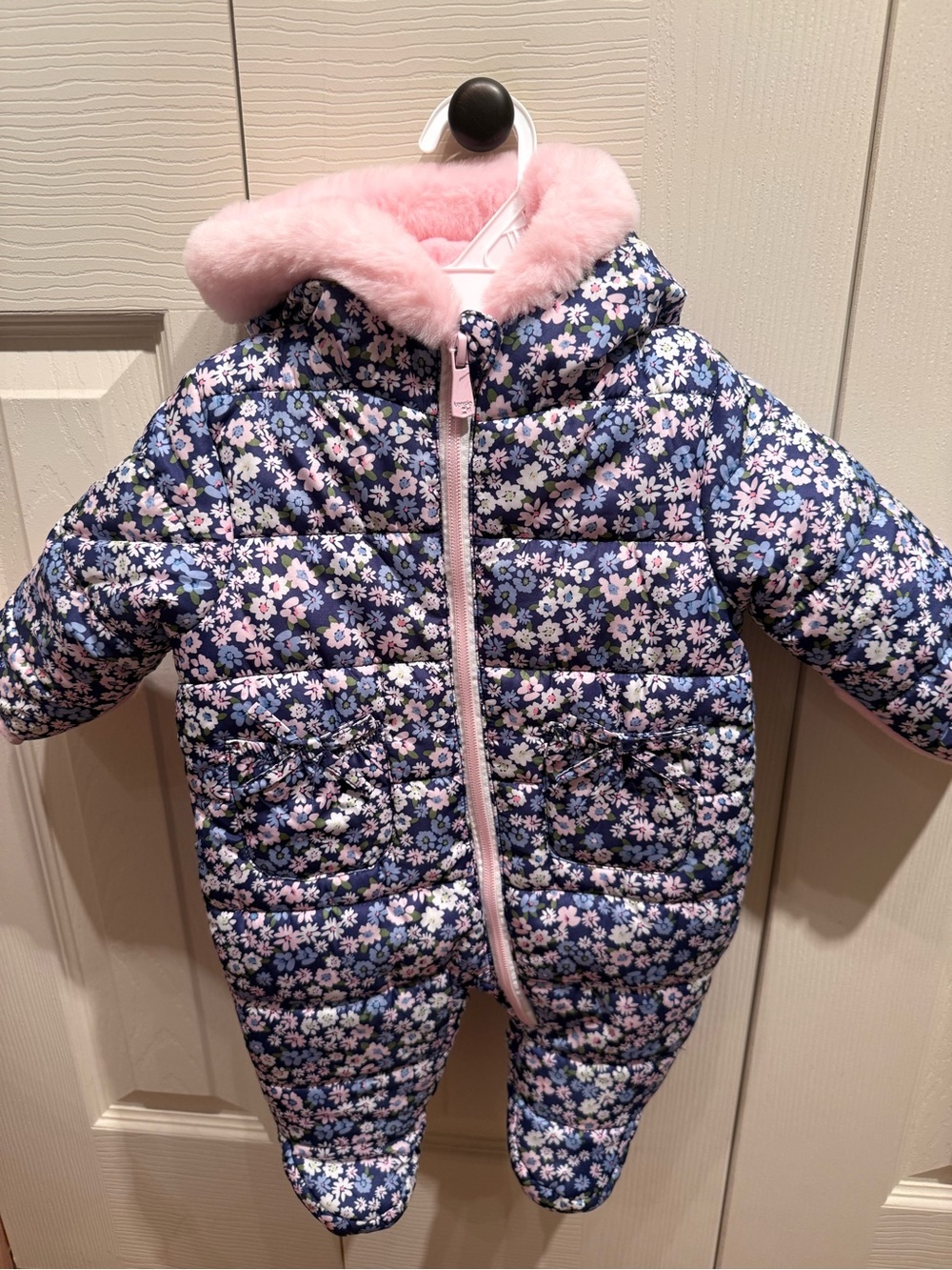 Kensie Girl Navy Floral Puffer Snowsuit with Pink Faux-Fur Hood